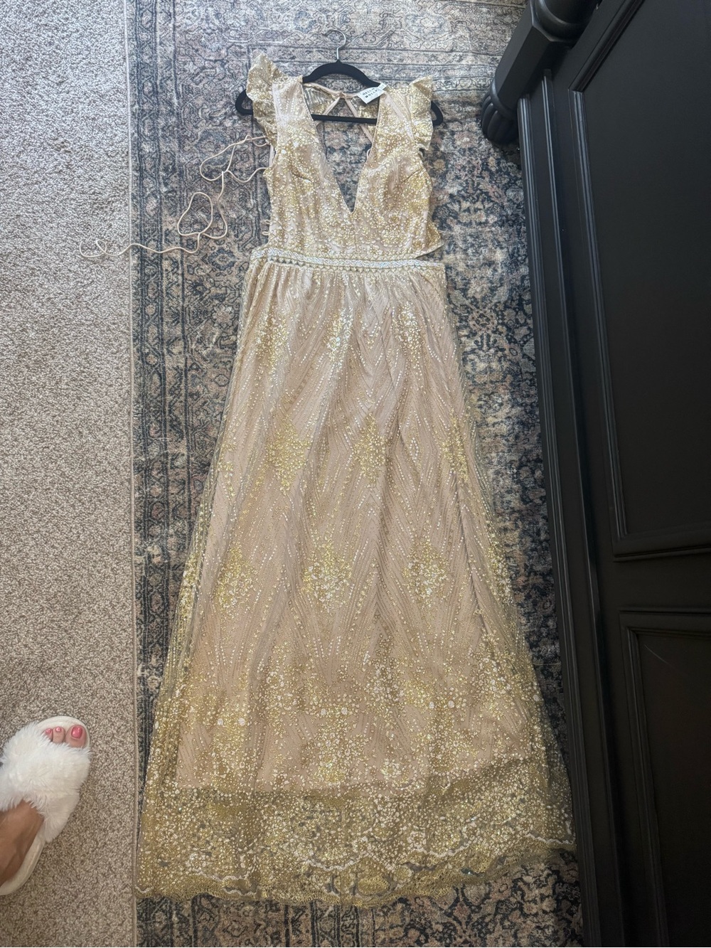 Hello Molly Embellished V-Neck Maxi Dress in Blush Champagne/cream/tan